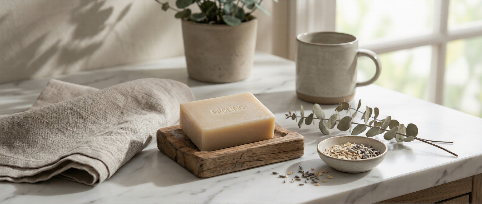 PROLIFIC soap in a serene lifestyle setting with eucalyptus and linen