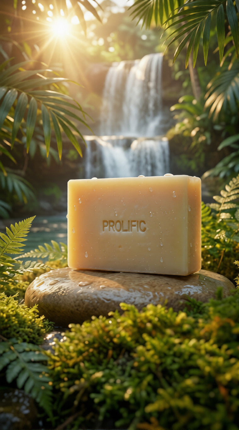 PROLIFIC soap bar resting on a stone in a lush natural setting
