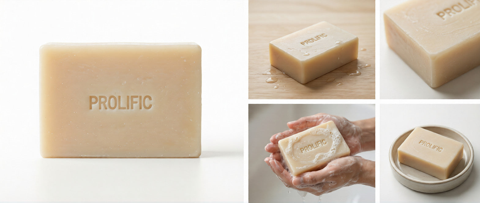 PROLIFIC soap bar product collage showing multiple angles and in-use shots